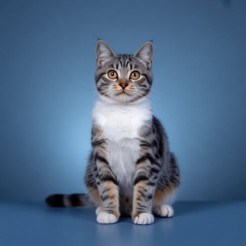 getigerte sitzende Katze mit weißer Brust